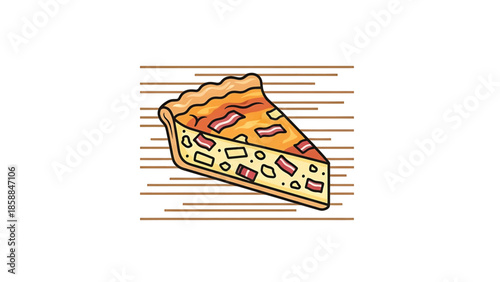 An appetizing cartoon slice of savory pie with bacon and cheese, set against a background of brown lines