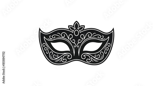 An elegant black carnival mask with intricate white scrollwork and a small floral detail at the top, on white