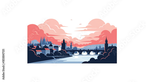 An artistic illustration of a European cityscape with a river, bridge, and various buildings under a dramatic sky