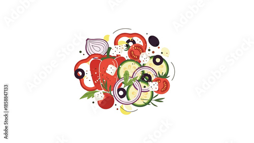 An artistic illustration of chopped salad ingredients peppers, onions, cucumber, olives, tomatoes, feta, and herbs