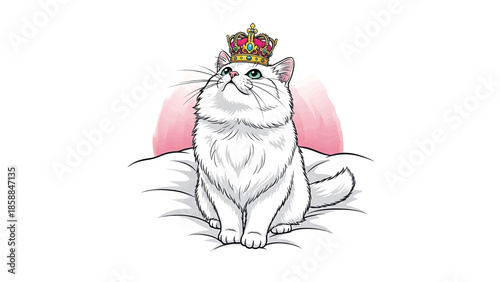 An elegant white cat with green eyes wearing a golden crown, seated on a soft cushion with pink background
