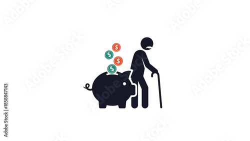 An icon of an elderly person with a cane next to a piggy bank receiving falling dollar coins