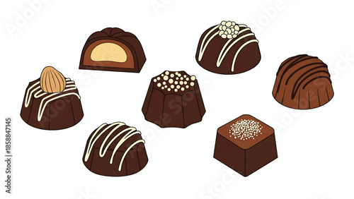 An assortment of seven delicious chocolate candies with various toppings and fillings on a white background