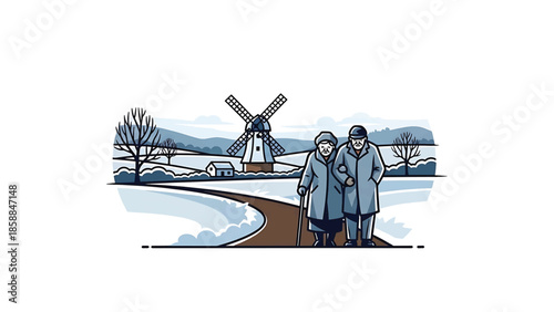 An elderly couple walks a snowy path past a windmill, bare trees, and hills under a winter sky