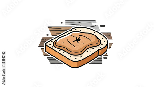 An illustrated piece of toast topped with peanut butter and small dark specks, against abstract wood shapes