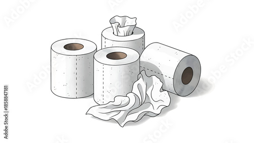 An illustration featuring white toilet paper rolls, a tissue dispenser, and crumpled tissues on a white background