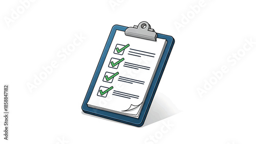 An illustration of a blue clipboard holding a white paper with a checklist of five completed tasks