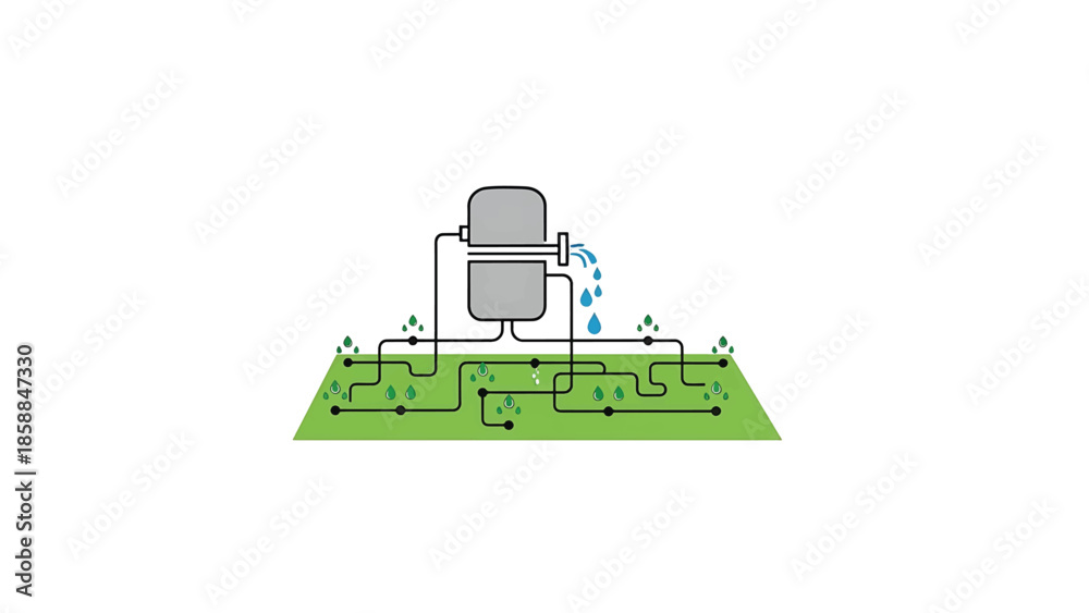 Naklejka premium An illustration of an irrigation system with tanks, pipes, and water drops nurturing small green plants