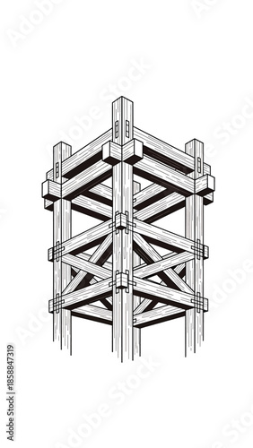 Architectural line drawing showcasing intricate wooden beam and column joinery structure on white