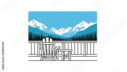 An illustration of an Adirondack chair and table on a deck overlooking snowy mountains and a forest