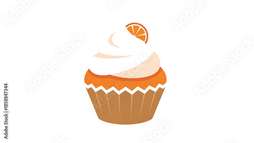 An illustration of an orange-flavored cupcake with white frosting and a small orange slice on top