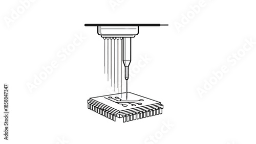 Automated precision tool interacting with a microchip, showing manufacturing process