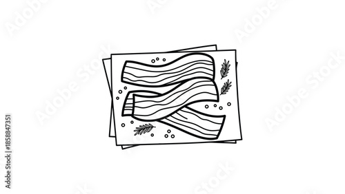 Black and white doodle of bacon strips with seasonings on a rectangular platter, simple line art style
