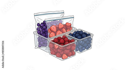 Assorted fresh berries and sliced strawberries stored in clear plastic containers and zip-lock bags