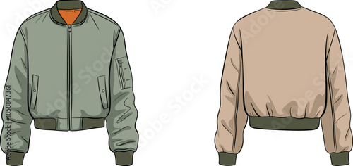 Bomber jacket front back view, zip up flight jacket design, casual outerwear apparel, fashion CAD drawing, flat vector technical illustration