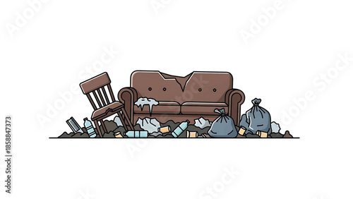 An illustration of discarded furniture, plastic bottles, and trash bags forming a messy pile of waste