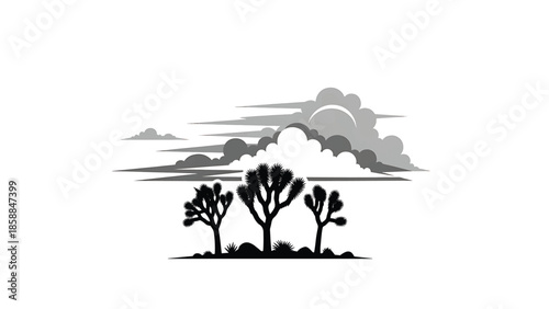 Black and white illustration of three Joshua trees on a desert ground under a layered, cloudy sky with a crescent moon