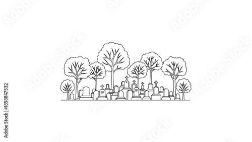 Black outline drawing of a serene graveyard scene featuring multiple gravestones and tall trees