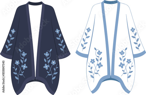 Traditional kimono fashion, floral embroidery, garment design, elegant robe, Asian clothing, textile illustration, cultural attire, fashion flat, vector art, CAD drawing