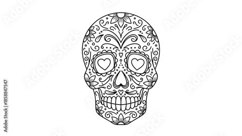 Black outline drawing of a sugar skull with elaborate floral and swirl decorations, featuring heart eyes
