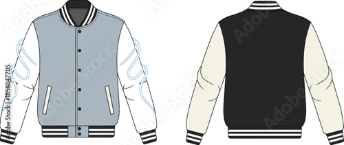 Varsity jacket front back view, classic bomber jacket design, apparel CAD drawing, fashion technical flat vector illustration, sportswear clothing mockup