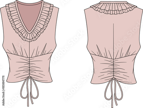 Women sleeveless ruched top front back view, ruffle neckline blouse design, fashion apparel CAD drawing, flat vector technical illustration