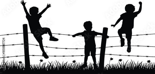 Children climbing barbed wire fence silhouette illustration showing freedom, risk and childhood adventure, playful kids outdoor scene with danger concept isolated on white background