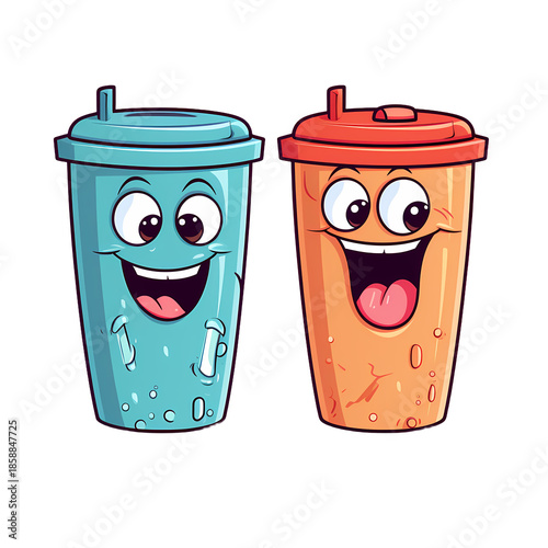 Cheerful animated trash bins, one outlined, whimsical