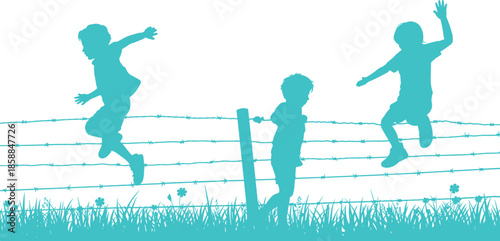 Silhouette of children jumping over barbed wire fence in grassy field, symbolizing freedom, adventure, and playful outdoor movement.