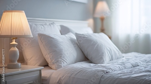 Cozy bedroom featuring a neatly made bed with white pillows and duvet, illuminated by a warm lamp on a nightstand, creating a relaxing and inviting atmosphere for rest and comfort