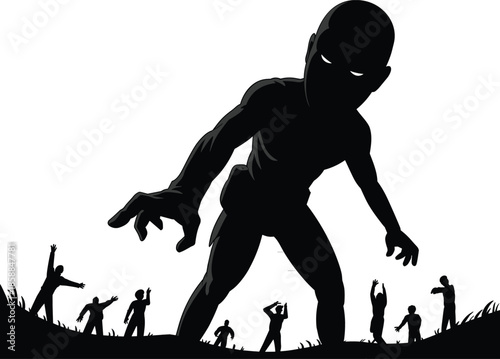 Giant monster silhouette towering over frightened people, horror fantasy scene showing fear and survival, mythical creature attack concept illustration isolated on white background