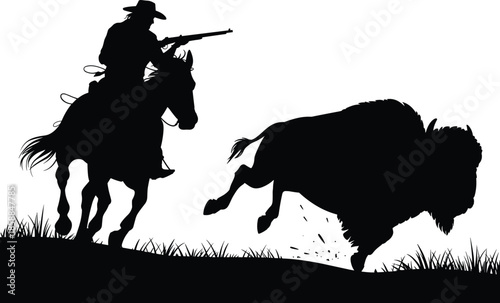 Silhouette of horseback rider aiming rifle at running bison in grassy terrain, depicting frontier hunting, motion, and historical wildlife scene.