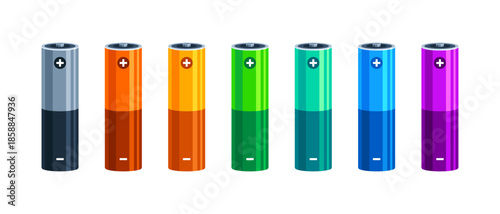 Set of cylinder lithium and alkaline batteries with charge symbols. Electric energy power source and technology concepts. Flat vector illustration isolated on white background