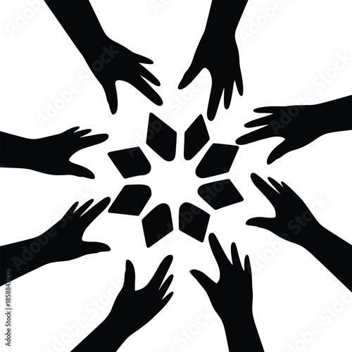 Radial silhouette of hands reaching toward central star-like book shapes, symbolizing unity, collaboration, and collective learning in abstract educational design.