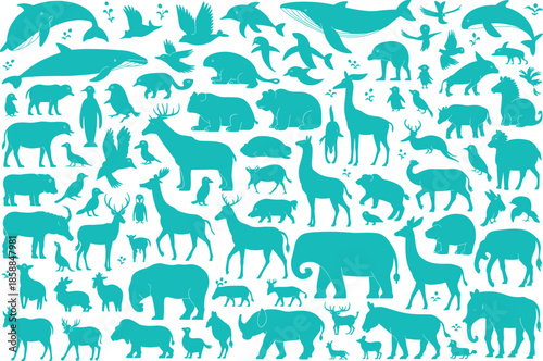 Wildlife animal silhouettes mega collection showing mammals, birds, marine animals and forest creatures, nature fauna shapes set illustration isolated on white background