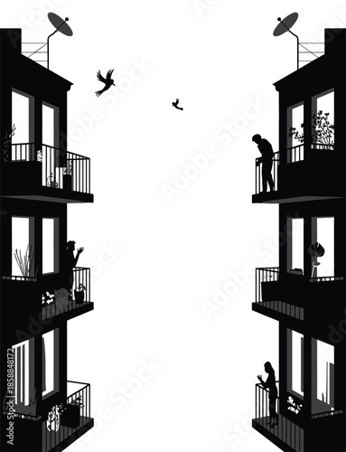 Silhouette of apartment buildings with balconies showing urban life, plants, pets, and people engaged in everyday activities and peaceful interactions.