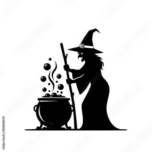 Spooky Witch Stirring Cauldron Black Silhouette Vector Illustration