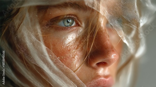 Wallpaper Mural Ethereal Beauty: Close-Up of Woman's Face with Translucent Fabric and Natural Glow Torontodigital.ca