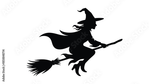 A classic witch flying across the sky on her broomstick.
