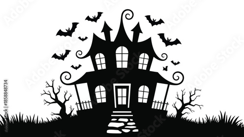 A cartoon-style spooky haunted house silhouette with bats flying.
