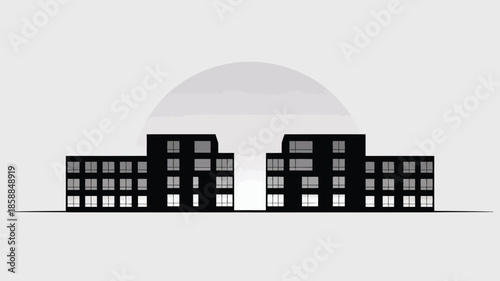 Two contemporary apartment buildings stand under a large subtle arch.