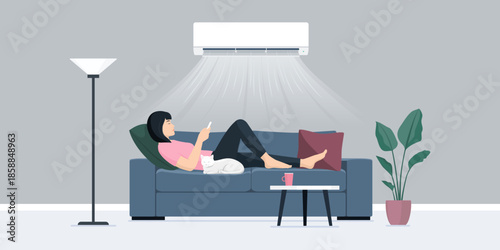 Woman relaxing on the couch at home and AC split system