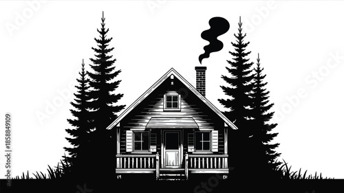 A cozy detailed log cabin nestled between two pine trees.