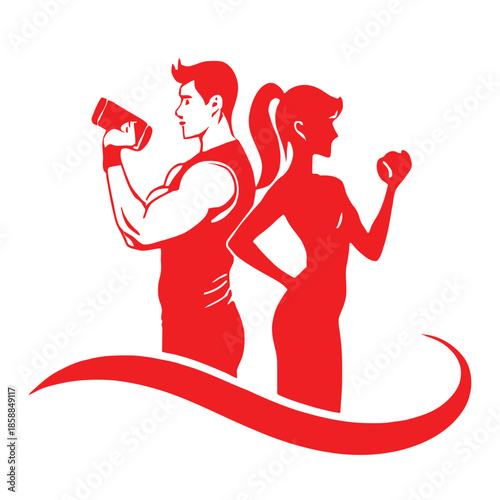 Red silhouettes of a muscular man and a fit woman engaged in weightlifting activities, framed by a dynamic curve