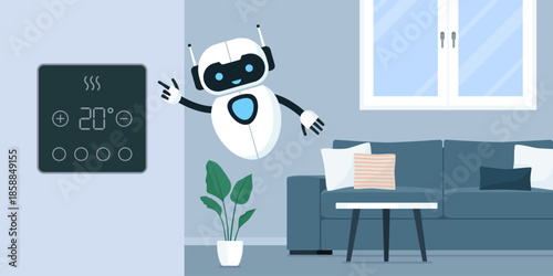 Smart thermostat and cute AI robot at home