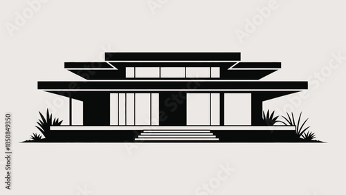 A sleek, modern house silhouette with flat roofs and bushes.