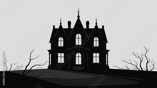 A spooky Victorian Gothic mansion silhouette on a dark, eerie landscape.