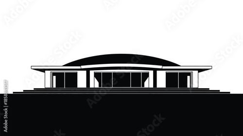 A striking modern building silhouette with an elegant curved roof.