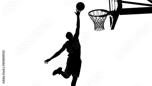 Silhouette of a basketball player dunking a ball into a hoop