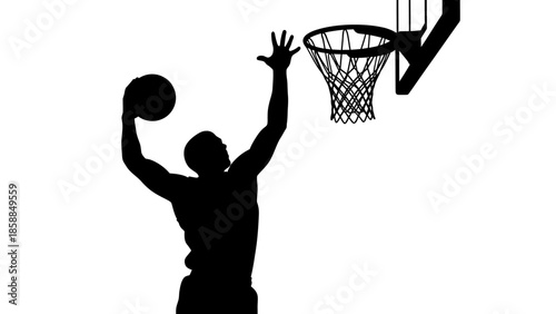 Silhouette of a basketball player dunking a ball into a hoop